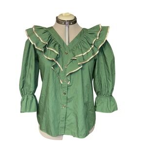 Vintage Malco Modes Ruffle Green Prairie Blouse  Square Dance Top Cottagecore M
